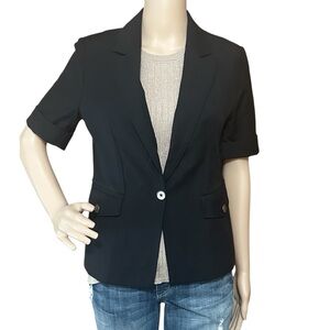 White House Black Market Blazer Jacket Womens  4 Cotton Blend Black Short Sleeve